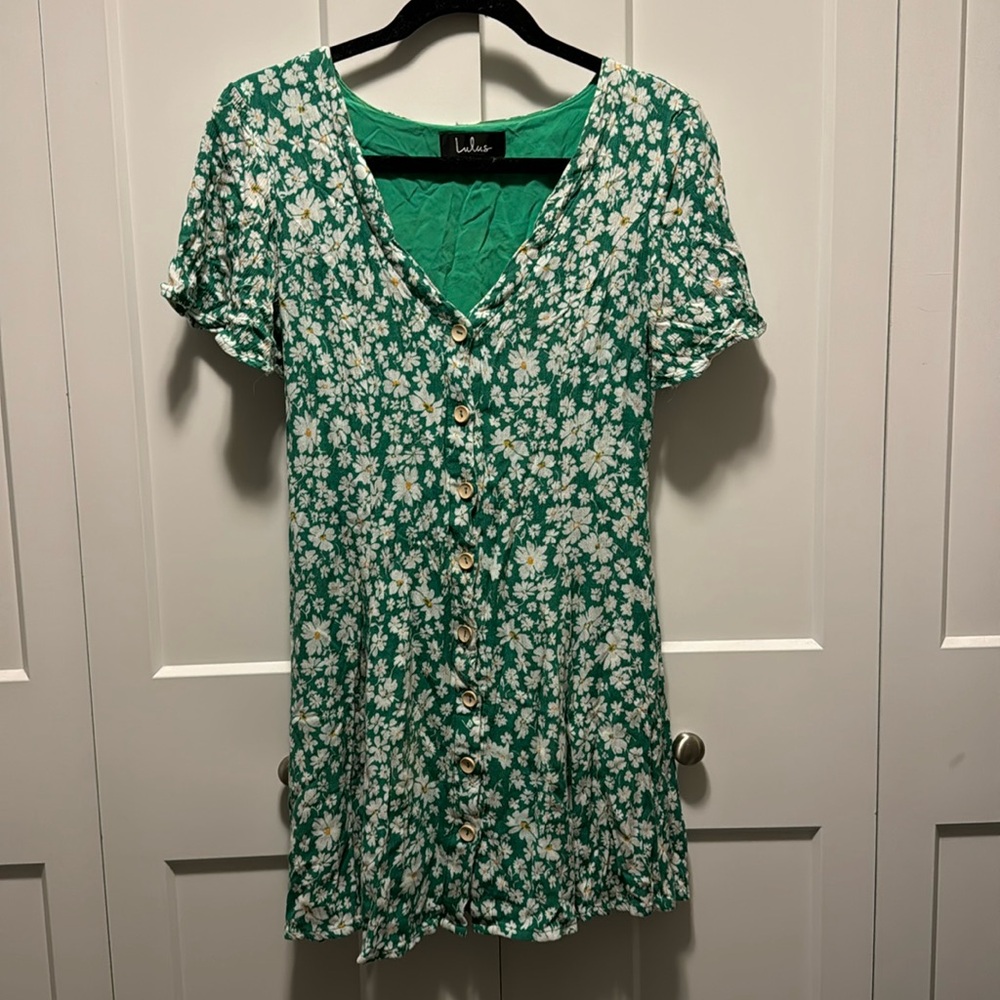 Lulus Floral Green and White Button Up Skater Dress Size M